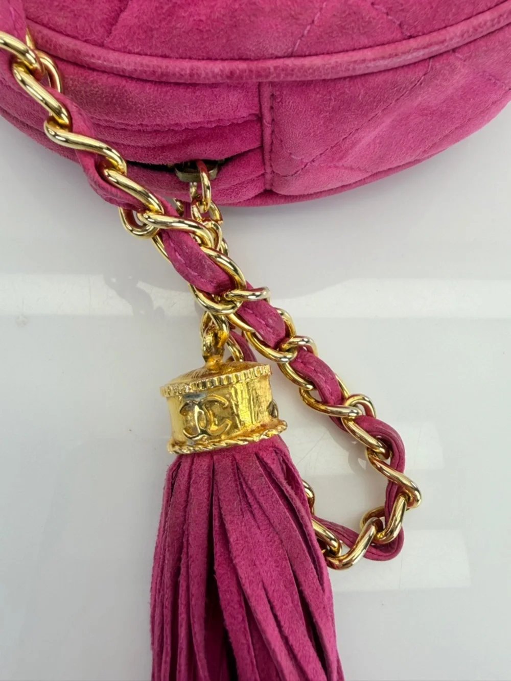 Chanel Hot Pink Quilted Suede Round Clutch on Chain